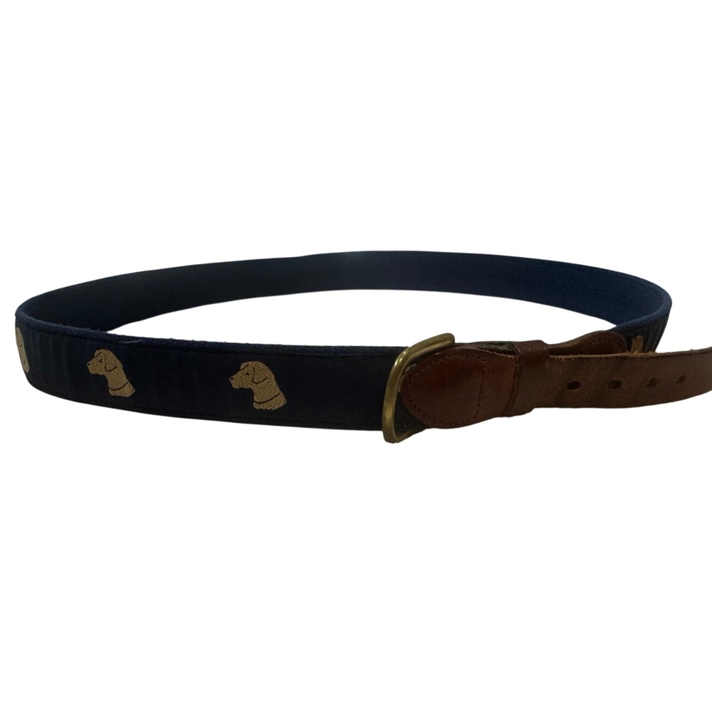 J. Press Surcingle Embroidered Labrador Dog Navy Leather Motif Belt Men's 40